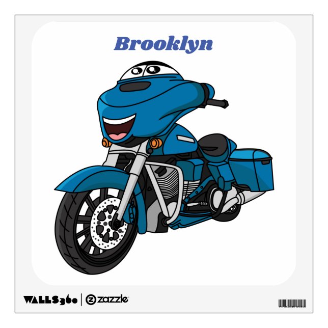 Cute happy blue motorcycle cartoon wall decal (Front)
