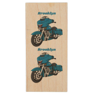 Cute happy blue motorcycle cartoon wood flash drive