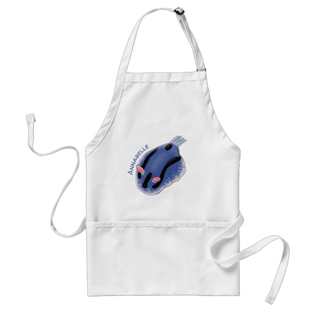 Cute happy blue nudibranch cartoon illustration adult apron (Front)