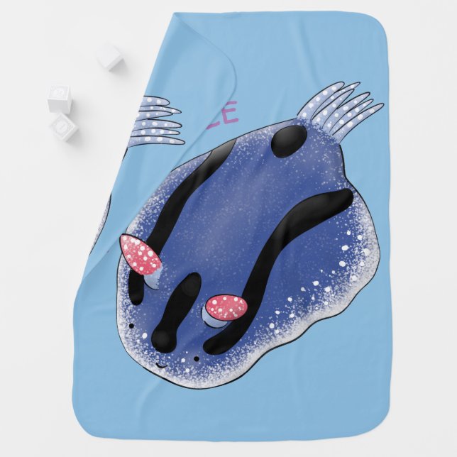 Cute happy blue nudibranch cartoon illustration baby blanket (In Situ)