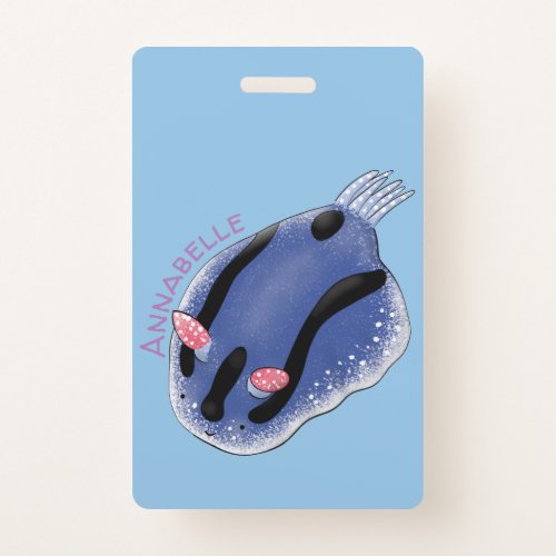 Cute happy blue nudibranch cartoon illustration badge