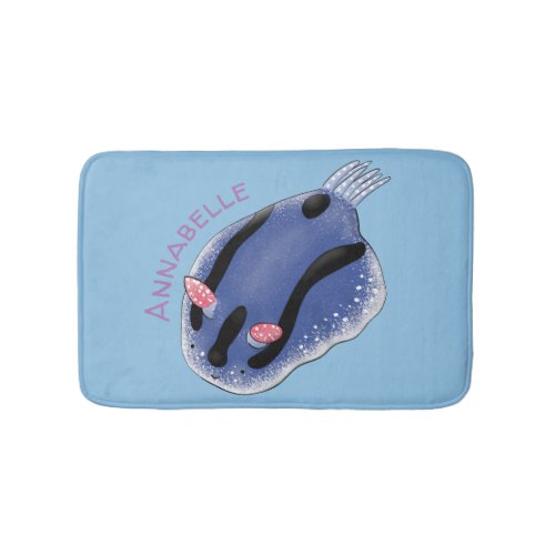 Cute happy blue nudibranch cartoon illustration bath mat
