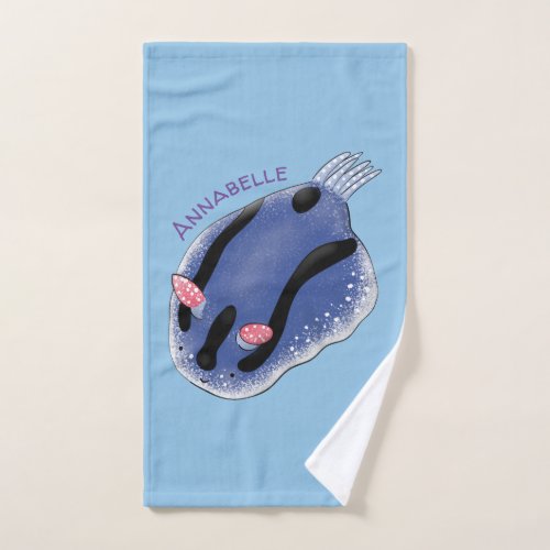 Cute happy blue nudibranch cartoon illustration bath towel set