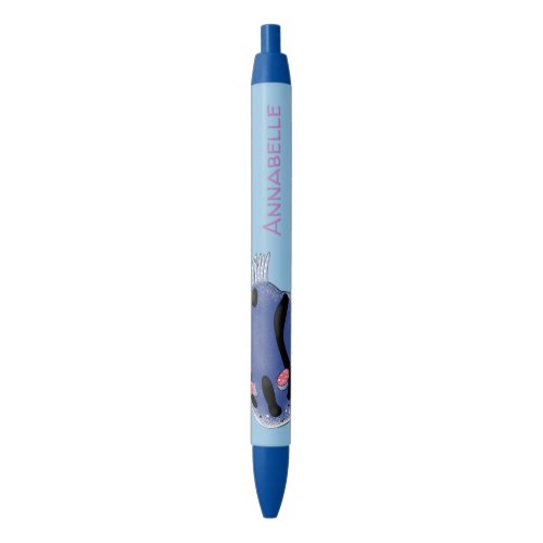 Cute happy blue nudibranch cartoon illustration black ink pen