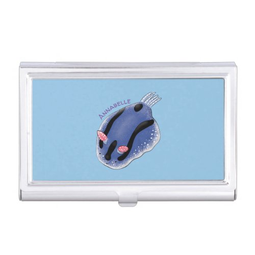 Cute happy blue nudibranch cartoon illustration business card case