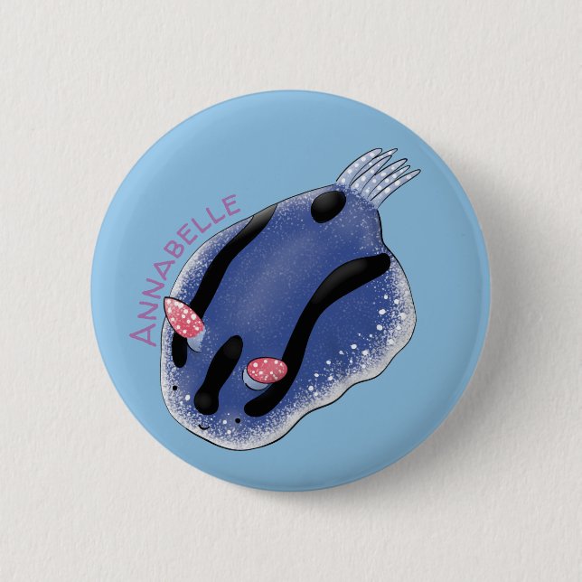 Cute happy blue nudibranch cartoon illustration button (Front)