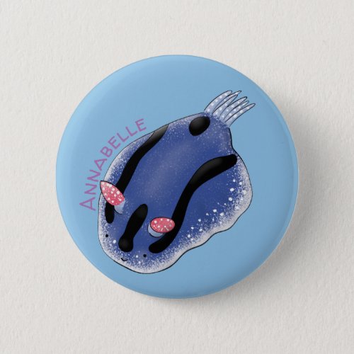 Cute happy blue nudibranch cartoon illustration button