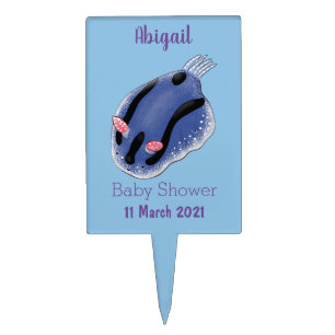 Cute happy blue nudibranch cartoon illustration cake topper