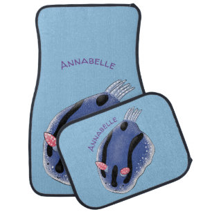 Cute happy blue nudibranch cartoon illustration  car floor mat