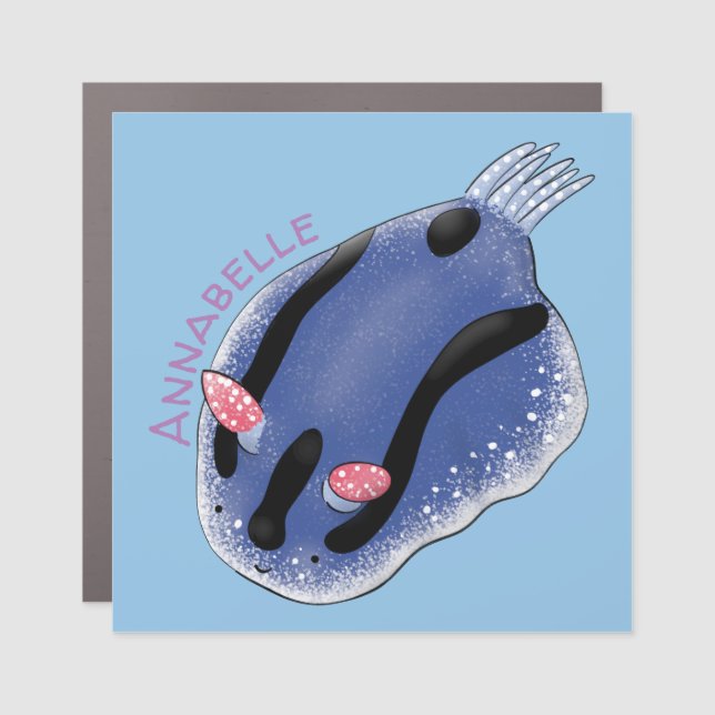 Cute happy blue nudibranch cartoon illustration car magnet (Front)