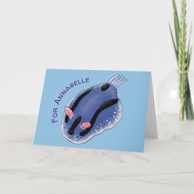 Cute happy blue nudibranch cartoon illustration card (Front)