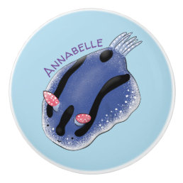 Cute happy blue nudibranch cartoon illustration ceramic knob