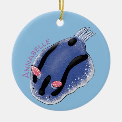 Cute happy blue nudibranch cartoon illustration ceramic ornament