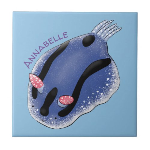 Cute happy blue nudibranch cartoon illustration ceramic tile