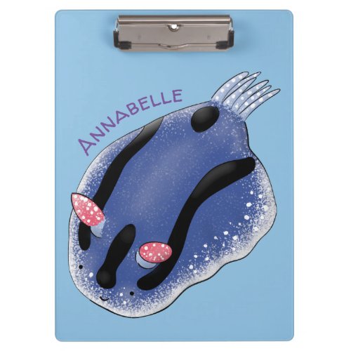 Cute happy blue nudibranch cartoon illustration clipboard