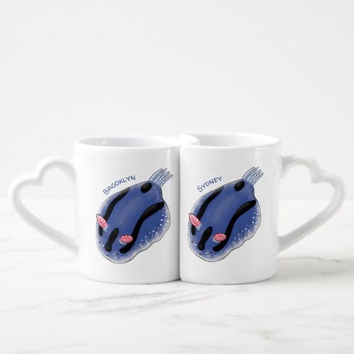 Cute happy blue nudibranch cartoon illustration coffee mug set