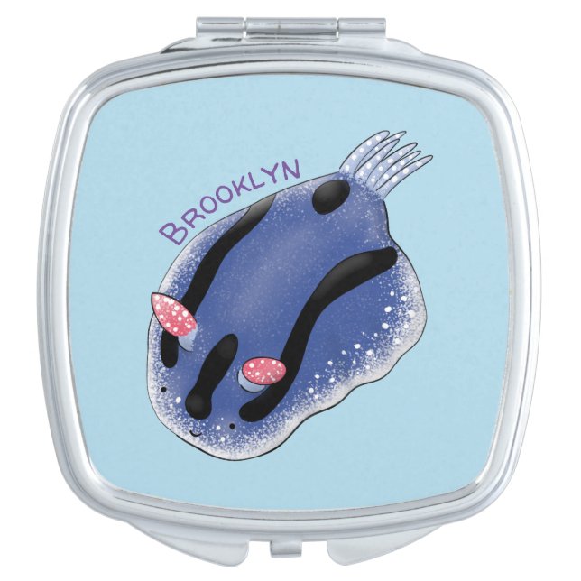 Cute happy blue nudibranch cartoon illustration compact mirror (Front)