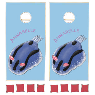 Cute happy blue nudibranch cartoon illustration cornhole set
