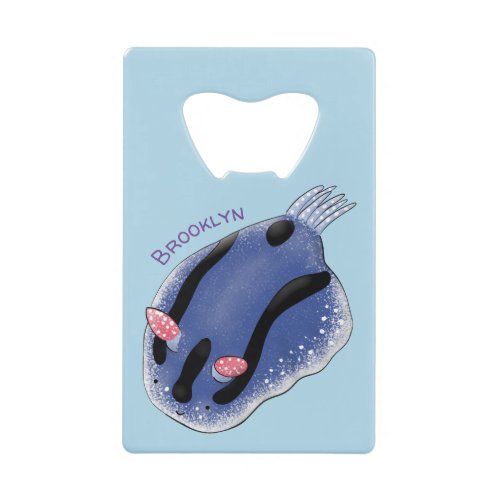 Cute happy blue nudibranch cartoon illustration credit card bottle opener