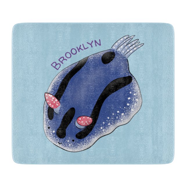 Cute happy blue nudibranch cartoon illustration cutting board (Front)