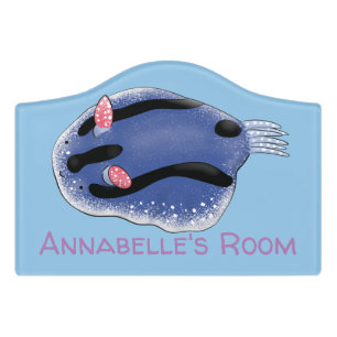Cute happy blue nudibranch cartoon illustration door sign