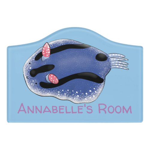 Cute happy blue nudibranch cartoon illustration door sign