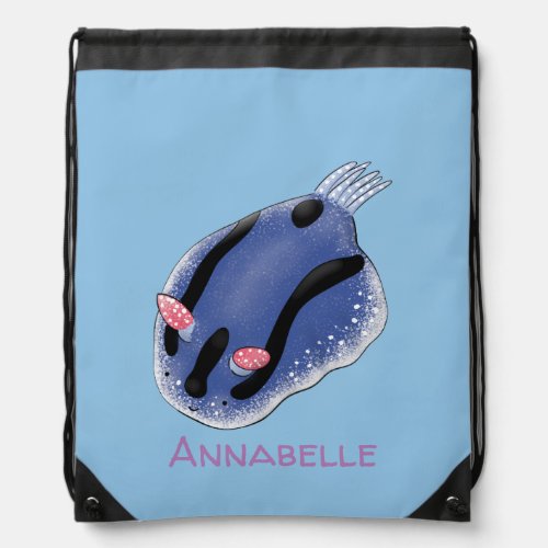 Cute happy blue nudibranch cartoon illustration drawstring bag