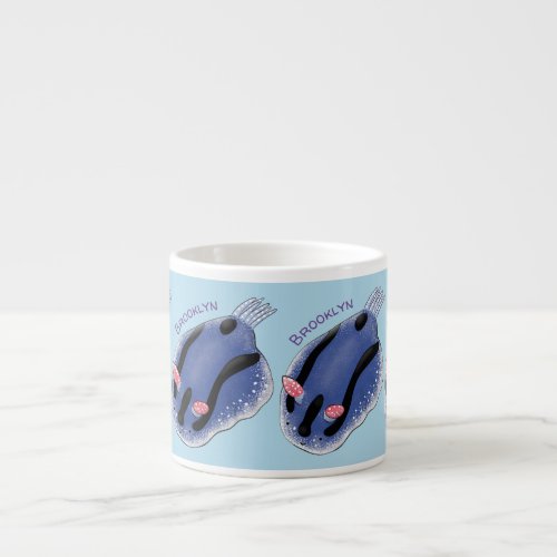 Cute happy blue nudibranch cartoon illustration espresso cup