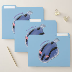 Cute happy blue nudibranch cartoon illustration file folder
