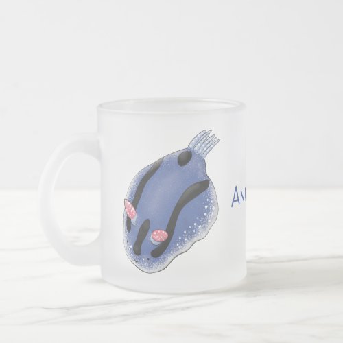 Cute happy blue nudibranch cartoon illustration frosted glass coffee mug