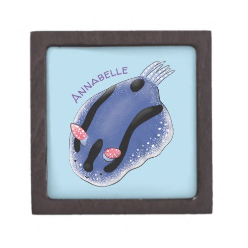 Cute happy blue nudibranch cartoon illustration gift box