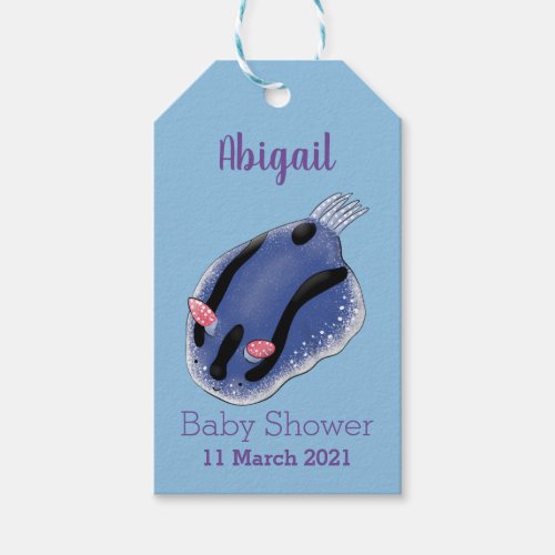 Cute happy blue nudibranch cartoon illustration  gift tags