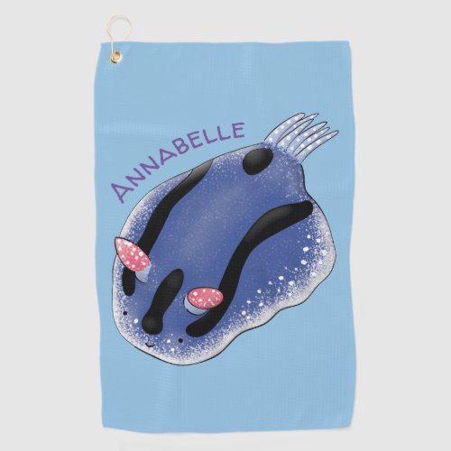Cute happy blue nudibranch cartoon illustration  golf towel