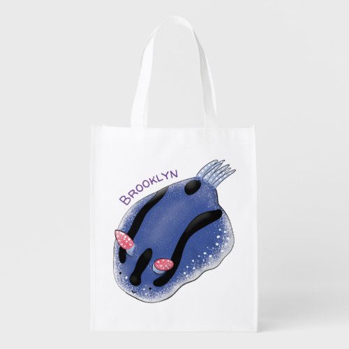 Cute happy blue nudibranch cartoon illustration grocery bag