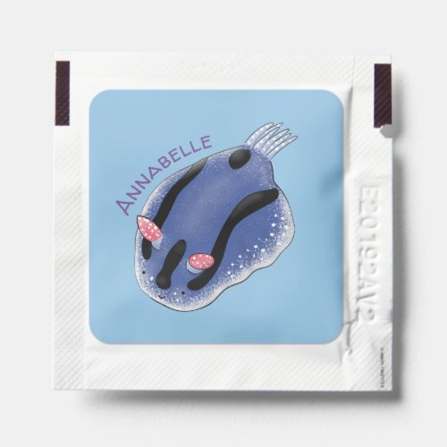 Cute happy blue nudibranch cartoon illustration hand sanitizer packet