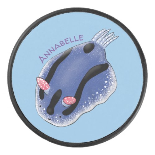 Cute happy blue nudibranch cartoon illustration hockey puck