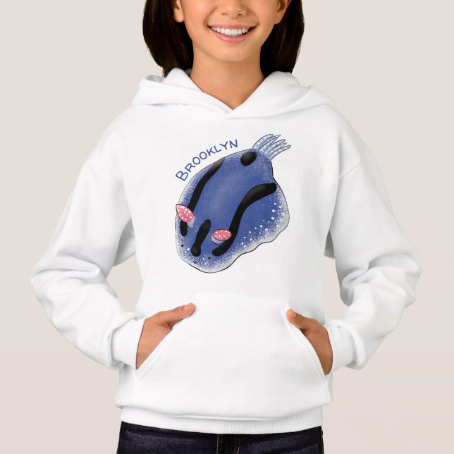 Cute happy blue nudibranch cartoon illustration hoodie (Front)