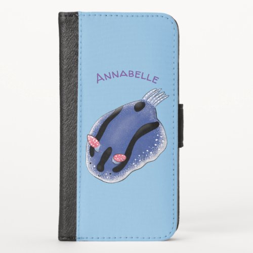 Cute happy blue nudibranch cartoon illustration iPhone x wallet case