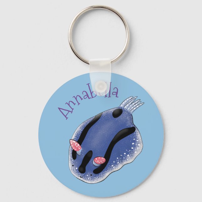 Cute happy blue nudibranch cartoon illustration keychain (Front)