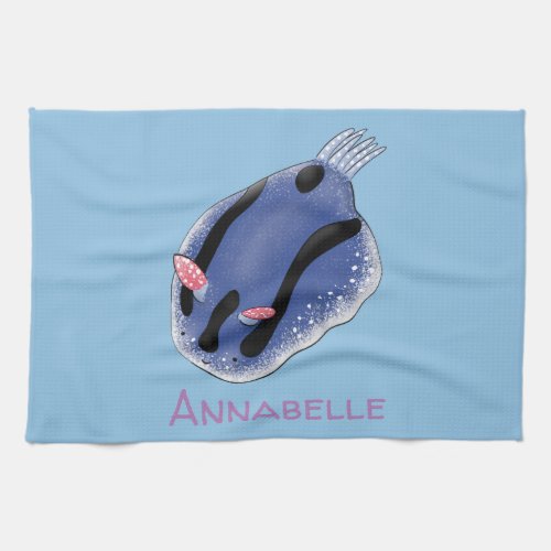Cute happy blue nudibranch cartoon illustration kitchen towel