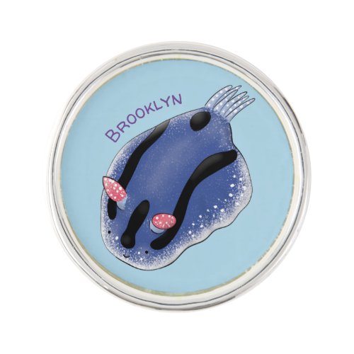 Cute happy blue nudibranch cartoon illustration lapel pin
