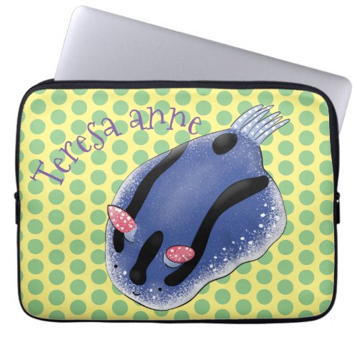 Cute happy blue nudibranch cartoon illustration laptop sleeve