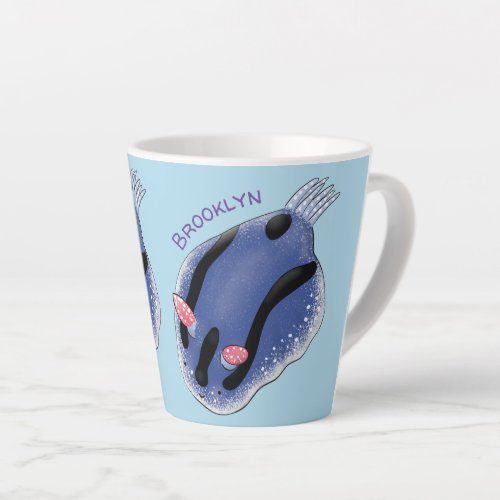 Cute happy blue nudibranch cartoon illustration latte mug