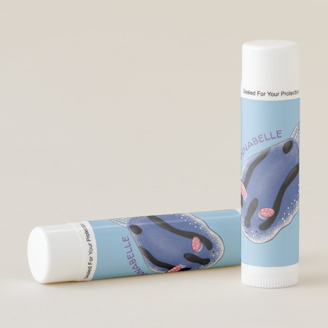 Cute happy blue nudibranch cartoon illustration lip balm (Front)