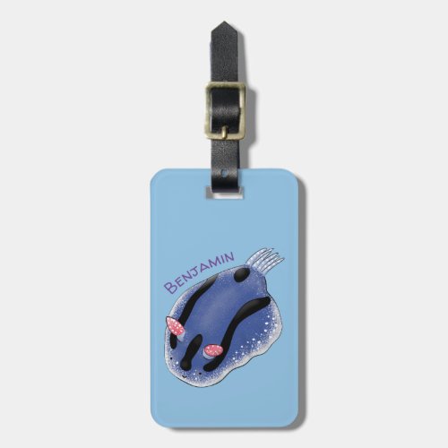 Cute happy blue nudibranch cartoon illustration luggage tag