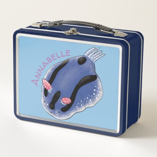 Cute happy blue nudibranch cartoon illustration metal lunch box