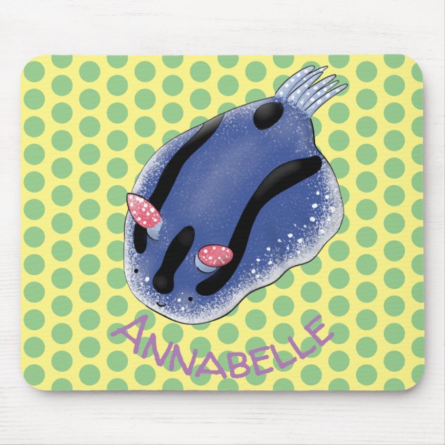 Cute happy blue nudibranch cartoon illustration mouse pad (Front)