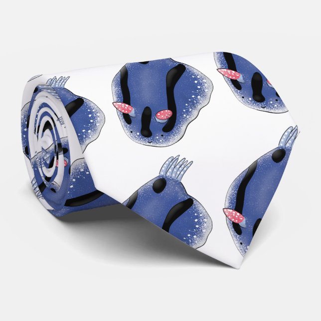 Cute happy blue nudibranch cartoon illustration neck tie (Rolled)