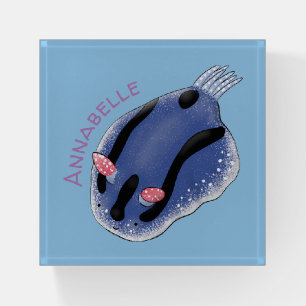 Cute happy blue nudibranch cartoon illustration paperweight