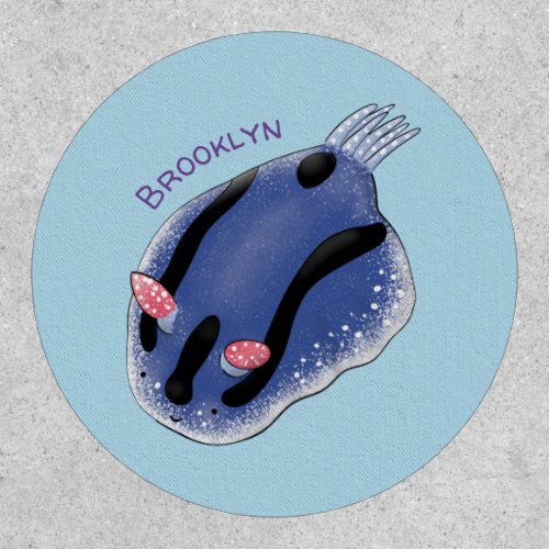 Cute happy blue nudibranch cartoon illustration patch